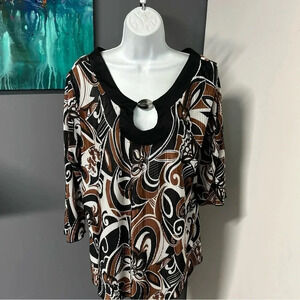 Women’s 2X Top Colorful Accordion Pleat Retro Print‎ Jewel Boho Artsy Coquette